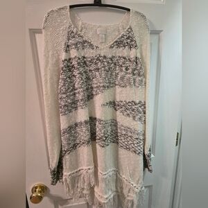 Chico's Cream and Gray Open-Knit Fringe Sweater